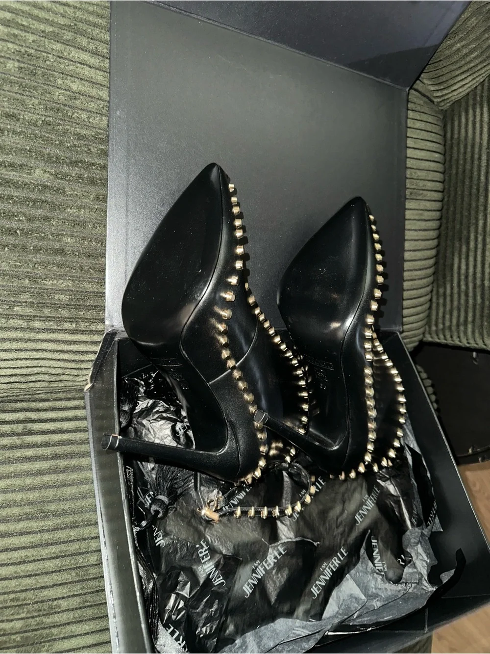 Black Pointed Stiletto Heels with Gold Stud Trim